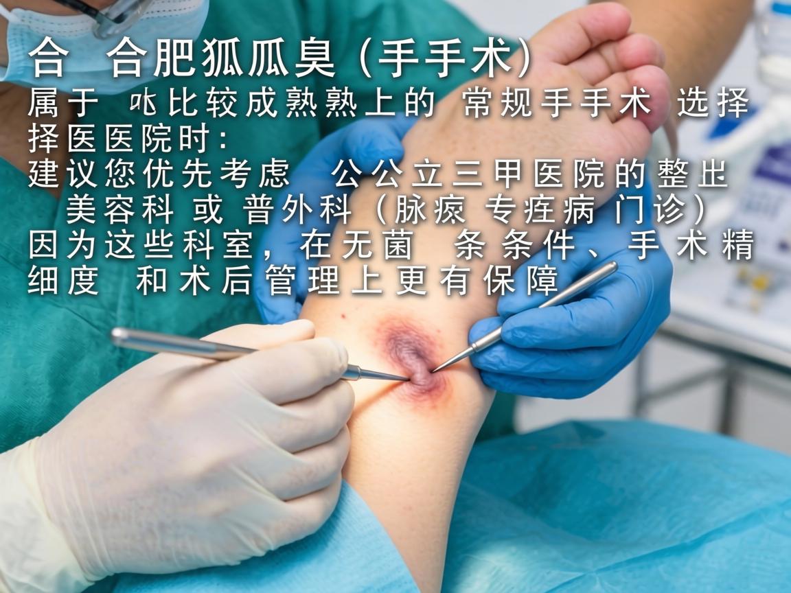 在合肥,腋臭(狐臭)手术属于比较成熟的常规手术。选择医院时,建议您优先考虑公立三甲医院的整形美容科或普外科(腋臭专病门诊)因为这些科室在无菌条件、手术精细度和术后管理上更有保障 在合肥,腋臭(狐臭)手术属于比较成熟的常规手术。选择医院时,建议您优先考虑公立三甲医院的整形美容科或普外科(腋臭专病门诊)因为这些科室在无菌条件、手术精细度和术后管理上更有保障