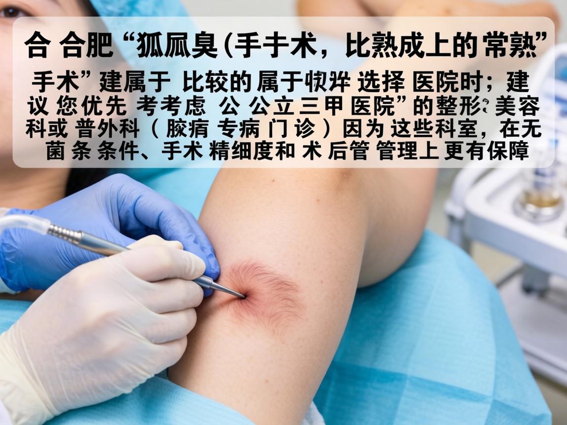 在合肥,腋臭(狐臭)手术属于比较成熟的常规手术。选择医院时,建议您优先考虑公立三甲医院的整形美容科或普外科(腋臭专病门诊)因为这些科室在无菌条件、手术精细度和术后管理上更有保障 在合肥,腋臭(狐臭)手术属于比较成熟的常规手术。选择医院时,建议您优先考虑公立三甲医院的整形美容科或普外科(腋臭专病门诊)因为这些科室在无菌条件、手术精细度和术后管理上更有保障