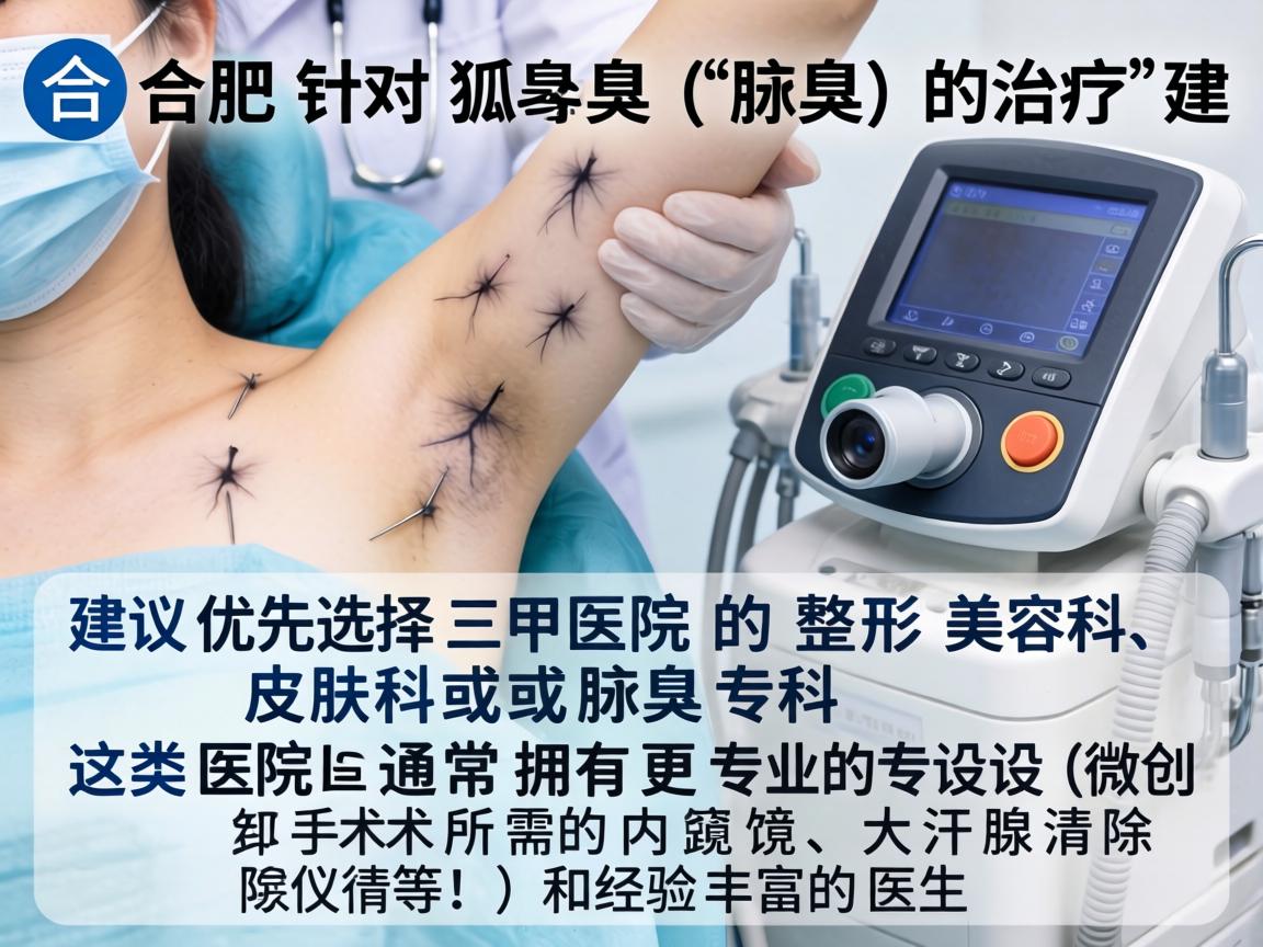 在合肥,针对狐臭(腋臭)的治疗,建议优先选择三甲医院的整形美容科、皮肤科或腋臭专科。这类医院通常拥有更专业的设备(如微创手术所需的内窥镜、大汗腺清除仪等)和经验丰富的医生 在合肥,针对狐臭(腋臭)的治疗,建议优先选择三甲医院的整形美容科、皮肤科或腋臭专科。这类医院通常拥有更专业的设备(如微创手术所需的内窥镜、大汗腺清除仪等)和经验丰富的医生