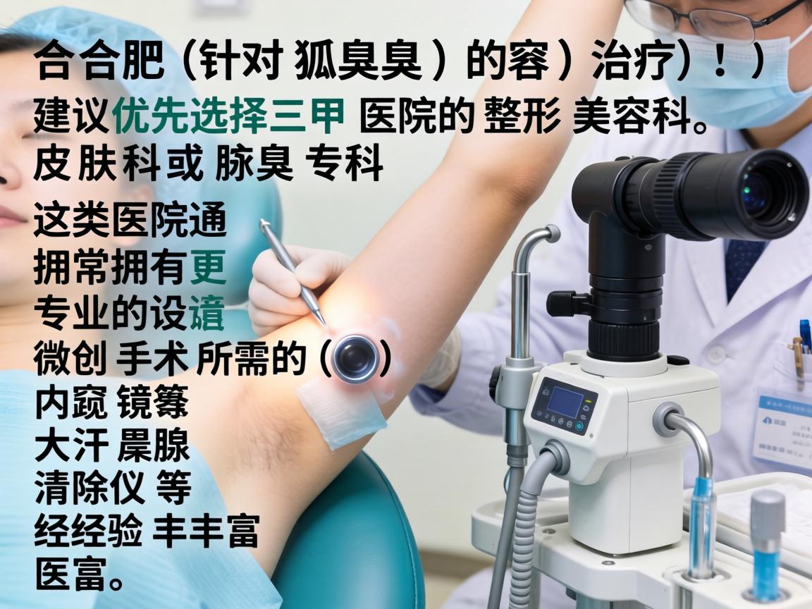 在合肥,针对狐臭(腋臭)的治疗,建议优先选择三甲医院的整形美容科、皮肤科或腋臭专科。这类医院通常拥有更专业的设备(如微创手术所需的内窥镜、大汗腺清除仪等)和经验丰富的医生 在合肥,针对狐臭(腋臭)的治疗,建议优先选择三甲医院的整形美容科、皮肤科或腋臭专科。这类医院通常拥有更专业的设备(如微创手术所需的内窥镜、大汗腺清除仪等)和经验丰富的医生