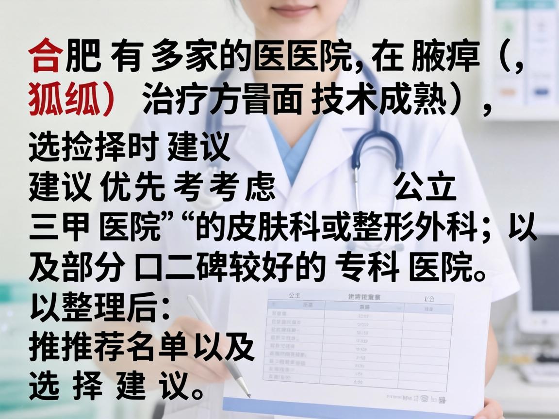 合肥有多家医院在腋臭(狐臭)治疗方面技术成熟,选择时建议优先考虑公立三甲医院的皮肤科或整形外科,以及部分口碑较好的专科医院。以下是整理后的推荐名单及选择建议 合肥有多家医院在腋臭(狐臭)治疗方面技术成熟,选择时建议优先考虑公立三甲医院的皮肤科或整形外科,以及部分口碑较好的专科医院。以下是整理后的推荐名单及选择建议