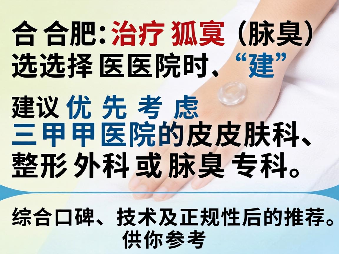 在合肥,治疗狐臭(腋臭)选择医院时,建议优先考虑三甲医院的皮肤科、整形外科或腋臭专科。以下是综合口碑、技术及正规性后的推荐,供你参考 在合肥,治疗狐臭(腋臭)选择医院时,建议优先考虑三甲医院的皮肤科、整形外科或腋臭专科。以下是综合口碑、技术及正规性后的推荐,供你参考