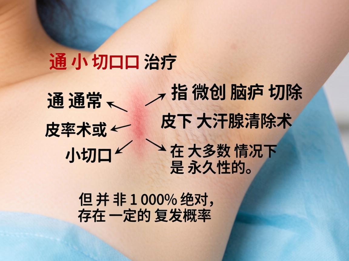 小切口治疗腋臭(通常指微创腋臭切除术或小切口皮下大汗腺清除术)在大多数情况下是永久性的,但并非100%绝对,存在一定的复发概率 小切口治疗腋臭(通常指微创腋臭切除术或小切口皮下大汗腺清除术)在大多数情况下是永久性的,但并非100%绝对,存在一定的复发概率