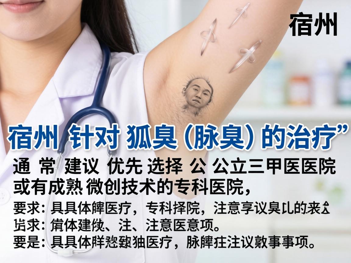 在宿州,针对狐臭(腋臭)的治疗,通常建议优先选择公立三甲医院或有成熟微创技术的专科医院。以下是具体建议和注意事项 在宿州,针对狐臭(腋臭)的治疗,通常建议优先选择公立三甲医院或有成熟微创技术的专科医院。以下是具体建议和注意事项