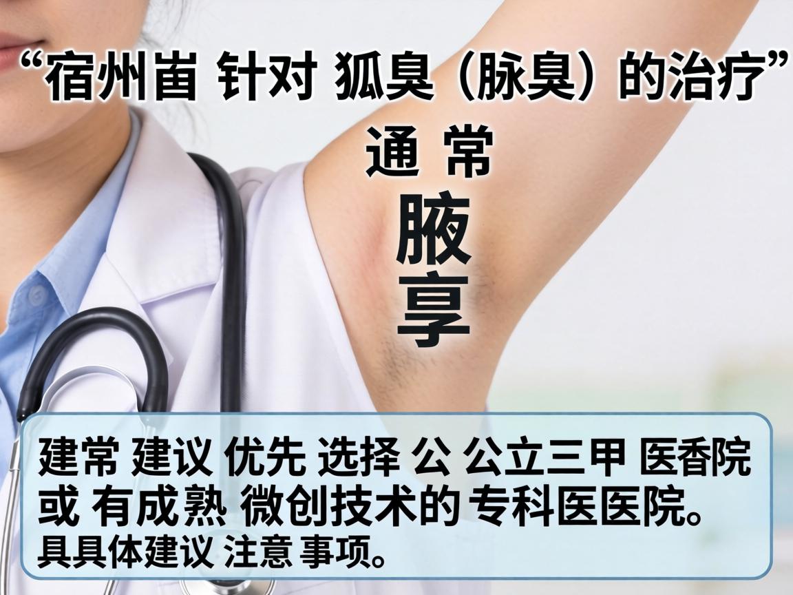 在宿州,针对狐臭(腋臭)的治疗,通常建议优先选择公立三甲医院或有成熟微创技术的专科医院。以下是具体建议和注意事项 在宿州,针对狐臭(腋臭)的治疗,通常建议优先选择公立三甲医院或有成熟微创技术的专科医院。以下是具体建议和注意事项