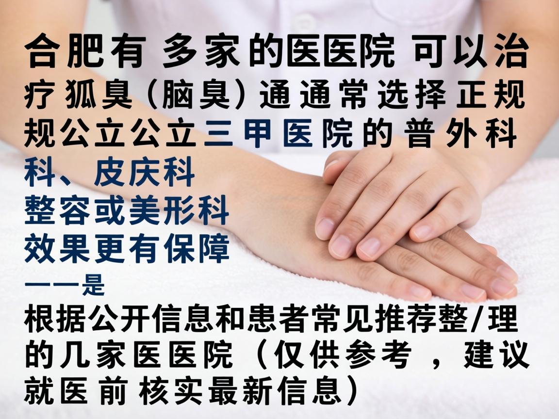 合肥有多家医院可以治疗狐臭(腋臭)通常选择正规公立三甲医院的普外科、皮肤科或整形美容科效果更有保障。以下是根据公开信息和患者常见推荐整理的几家医院(仅供参考,建议就医前核实最新信息) 合肥有多家医院可以治疗狐臭(腋臭)通常选择正规公立三甲医院的普外科、皮肤科或整形美容科效果更有保障。以下是根据公开信息和患者常见推荐整理的几家医院(仅供参考,建议就医前核实最新信息)