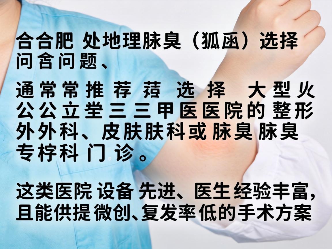 在合肥,处理腋臭(狐臭)问题,通常推荐选择大型公立三甲医院的整形外科、皮肤科或腋臭专科门诊。这类医院设备先进、医生经验丰富,且能提供微创、复发率低的手术方案 在合肥,处理腋臭(狐臭)问题,通常推荐选择大型公立三甲医院的整形外科、皮肤科或腋臭专科门诊。这类医院设备先进、医生经验丰富,且能提供微创、复发率低的手术方案