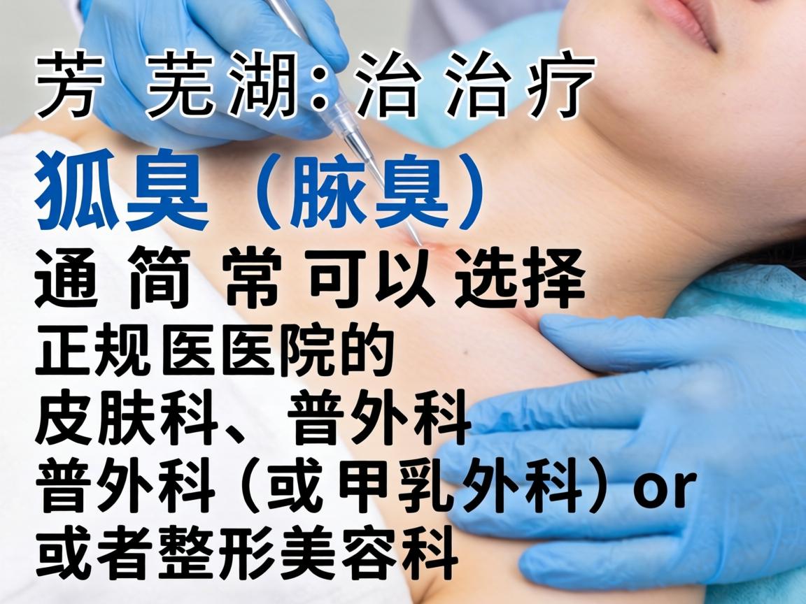 在芜湖,治疗狐臭(腋臭)通常可以选择正规医院的皮肤科、普外科(或甲乳外科)或者整形美容科 在芜湖,治疗狐臭(腋臭)通常可以选择正规医院的皮肤科、普外科(或甲乳外科)或者整形美容科