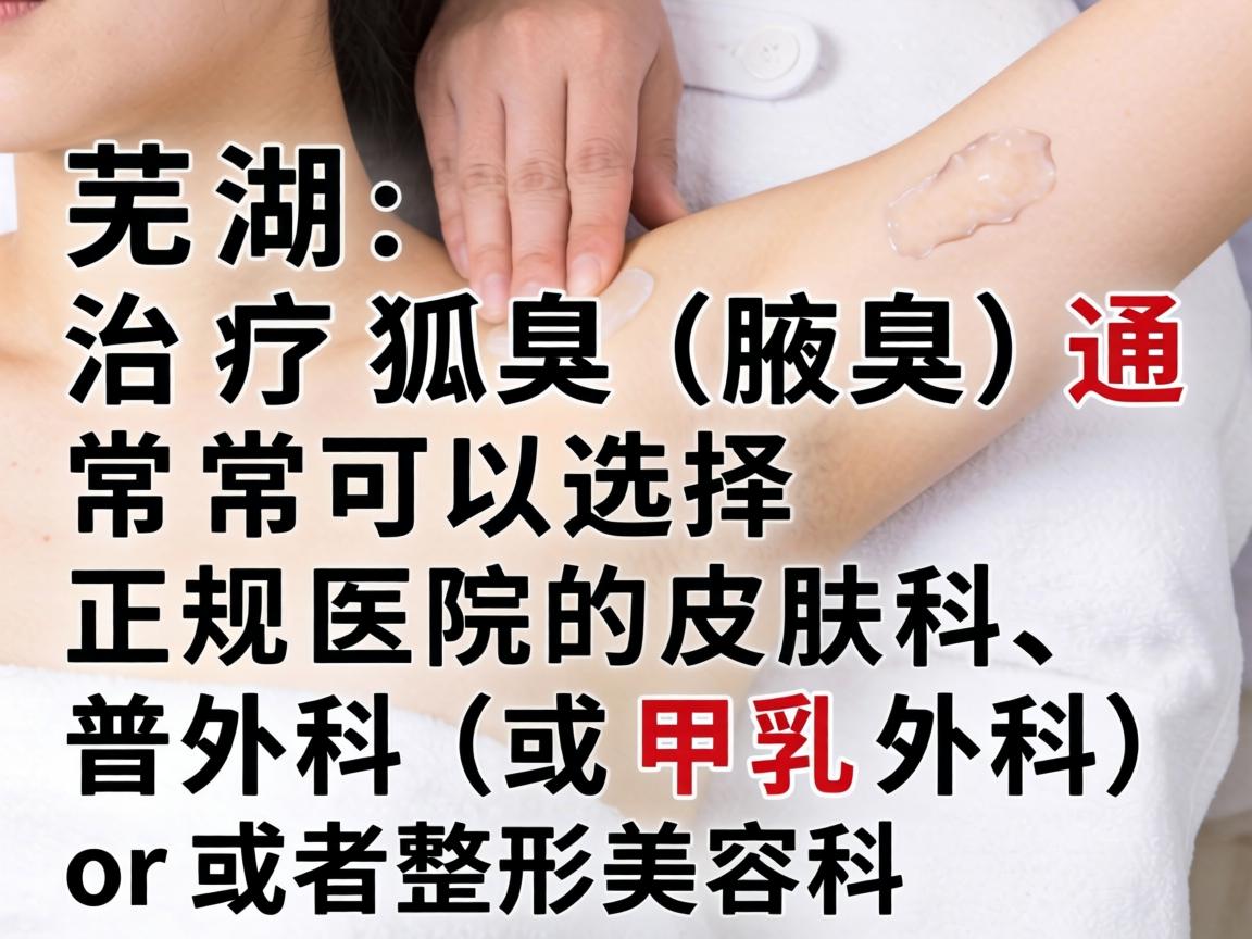 在芜湖,治疗狐臭(腋臭)通常可以选择正规医院的皮肤科、普外科(或甲乳外科)或者整形美容科 在芜湖,治疗狐臭(腋臭)通常可以选择正规医院的皮肤科、普外科(或甲乳外科)或者整形美容科