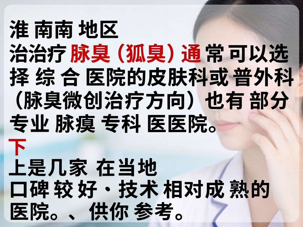 在淮南地区,治疗腋臭(狐臭)通常可以选择综合医院的皮肤科或普外科(腋臭微创治疗方向)也有部分专业腋臭专科医院。下面是几家在当地口碑较好、技术相对成熟的医院,供你参考 在淮南地区,治疗腋臭(狐臭)通常可以选择综合医院的皮肤科或普外科(腋臭微创治疗方向)也有部分专业腋臭专科医院。下面是几家在当地口碑较好、技术相对成熟的医院,供你参考
