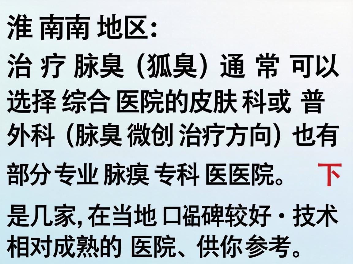 在淮南地区,治疗腋臭(狐臭)通常可以选择综合医院的皮肤科或普外科(腋臭微创治疗方向)也有部分专业腋臭专科医院。下面是几家在当地口碑较好、技术相对成熟的医院,供你参考 在淮南地区,治疗腋臭(狐臭)通常可以选择综合医院的皮肤科或普外科(腋臭微创治疗方向)也有部分专业腋臭专科医院。下面是几家在当地口碑较好、技术相对成熟的医院,供你参考