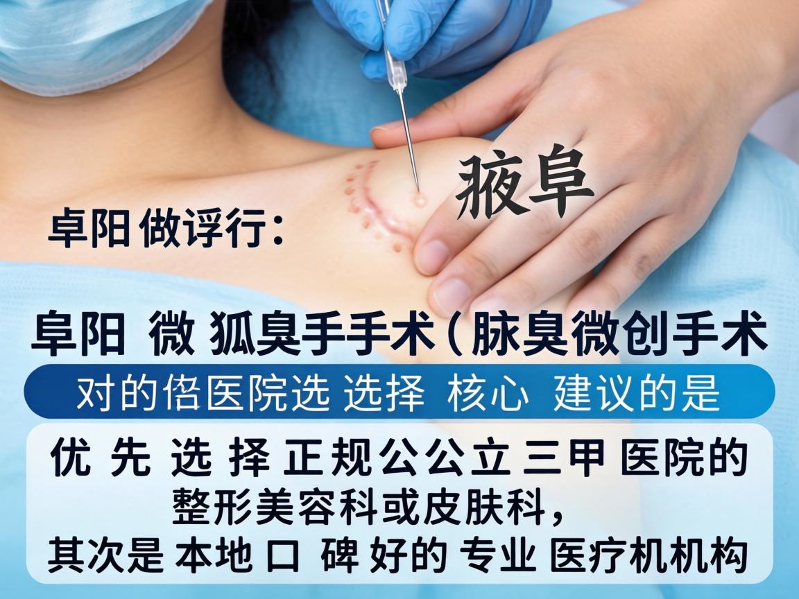 针对在阜阳做狐臭手术(腋臭微创手术)的医院选择,核心建议是,优先选择正规公立三甲医院的整形美容科或皮肤科,其次是本地口碑好的专业医疗机构 针对在阜阳做狐臭手术(腋臭微创手术)的医院选择,核心建议是,优先选择正规公立三甲医院的整形美容科或皮肤科,其次是本地口碑好的专业医疗机构
