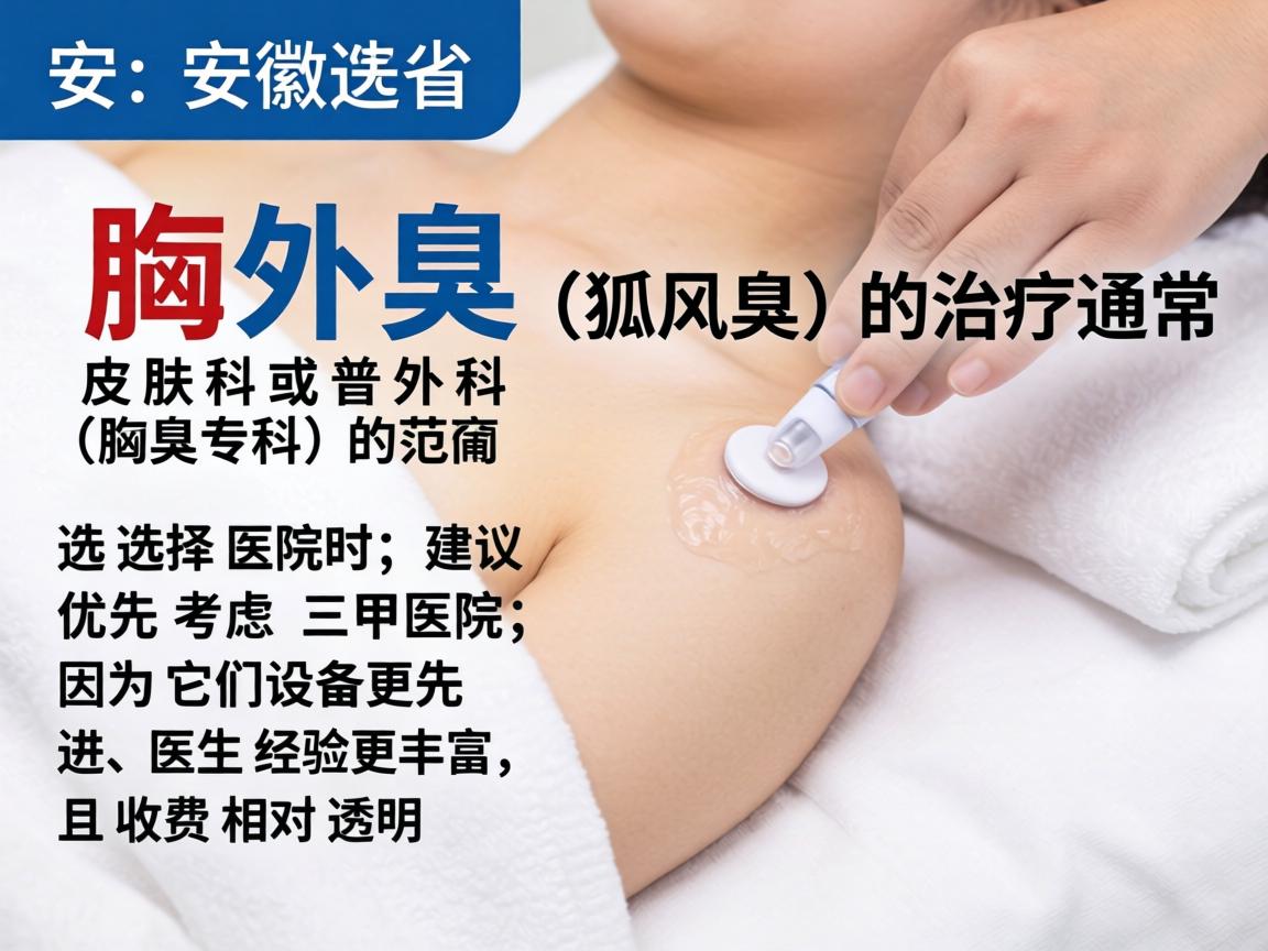 在安徽省,腋臭(狐臭)的治疗通常属于皮肤科或普外科(腋臭专科)的范畴。选择医院时,建议优先考虑三甲医院,因为它们设备更先进、医生经验更丰富,且收费相对透明 在安徽省,腋臭(狐臭)的治疗通常属于皮肤科或普外科(腋臭专科)的范畴。选择医院时,建议优先考虑三甲医院,因为它们设备更先进、医生经验更丰富,且收费相对透明