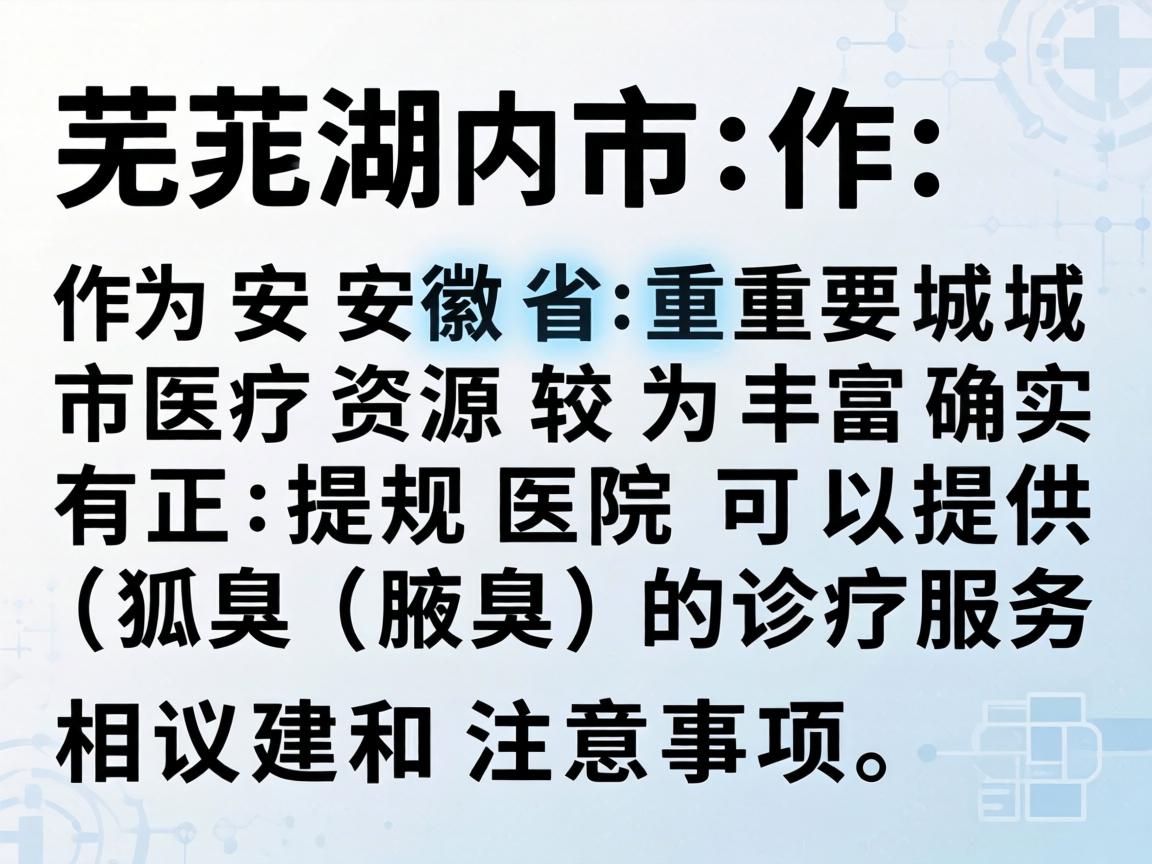 芜湖市作为安徽省的重要城市,医疗资源较为丰富,确实有正规医院可以提供狐臭(腋臭)的诊疗服务。以下是相关建议和注意事项 芜湖市作为安徽省的重要城市,医疗资源较为丰富,确实有正规医院可以提供狐臭(腋臭)的诊疗服务。以下是相关建议和注意事项