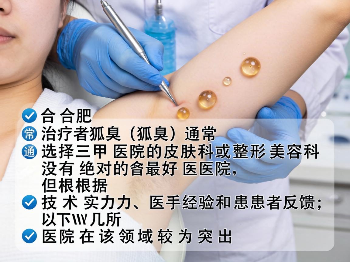 在合肥,治疗狐臭(腋臭)通常选择三甲医院的皮肤科或整形美容科。没有绝对的最好医院,但根据技术实力、医生经验和患者反馈,以下几所医院在该领域较为突出 在合肥,治疗狐臭(腋臭)通常选择三甲医院的皮肤科或整形美容科。没有绝对的最好医院,但根据技术实力、医生经验和患者反馈,以下几所医院在该领域较为突出