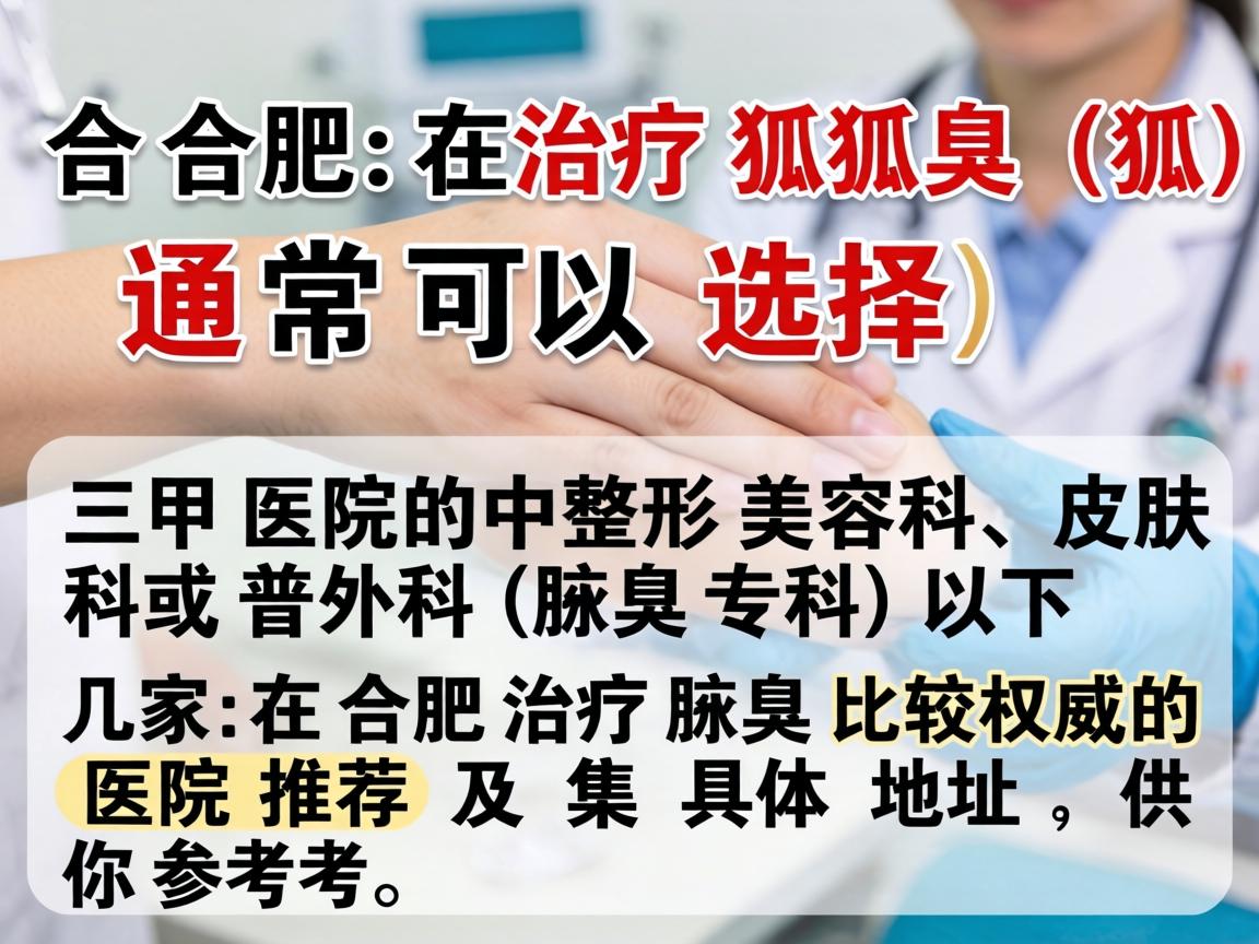 在合肥,治疗腋臭(狐臭)通常可以选择三甲医院的整形美容科、皮肤科或普外科(腋臭专科)以下是几家在合肥治疗腋臭比较权威的医院推荐及具体地址,供你参考 在合肥,治疗腋臭(狐臭)通常可以选择三甲医院的整形美容科、皮肤科或普外科(腋臭专科)以下是几家在合肥治疗腋臭比较权威的医院推荐及具体地址,供你参考