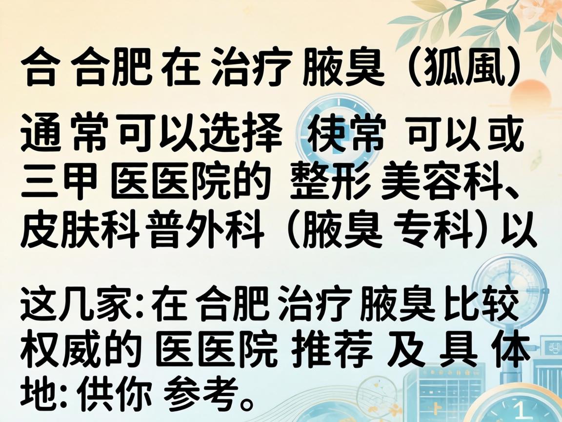 在合肥,治疗腋臭(狐臭)通常可以选择三甲医院的整形美容科、皮肤科或普外科(腋臭专科)以下是几家在合肥治疗腋臭比较权威的医院推荐及具体地址,供你参考 在合肥,治疗腋臭(狐臭)通常可以选择三甲医院的整形美容科、皮肤科或普外科(腋臭专科)以下是几家在合肥治疗腋臭比较权威的医院推荐及具体地址,供你参考