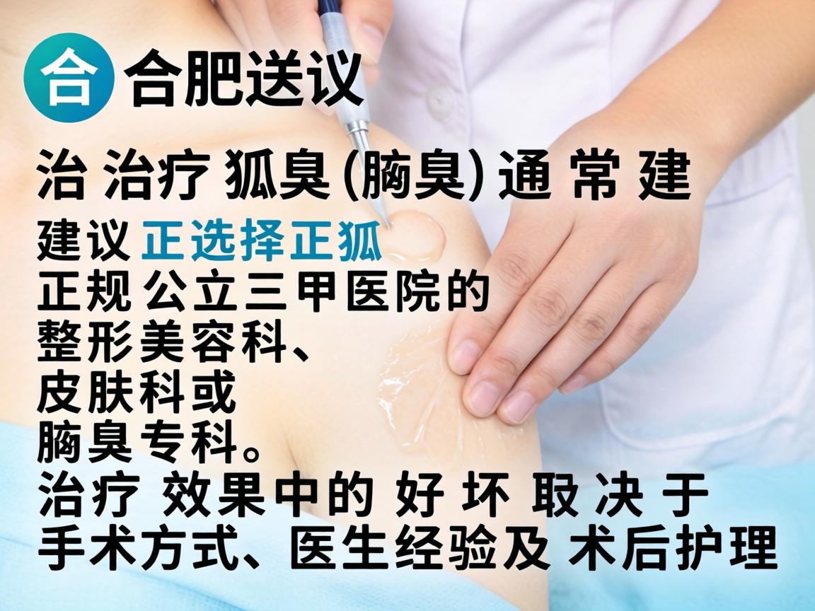 在合肥,治疗狐臭(腋臭)通常建议选择正规公立三甲医院的整形美容科、皮肤科或腋臭专科。治疗效果的好坏取决于手术方式、医生经验及术后护理 在合肥,治疗狐臭(腋臭)通常建议选择正规公立三甲医院的整形美容科、皮肤科或腋臭专科。治疗效果的好坏取决于手术方式、医生经验及术后护理