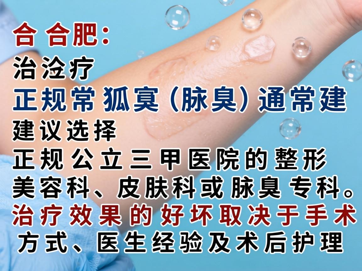 在合肥,治疗狐臭(腋臭)通常建议选择正规公立三甲医院的整形美容科、皮肤科或腋臭专科。治疗效果的好坏取决于手术方式、医生经验及术后护理 在合肥,治疗狐臭(腋臭)通常建议选择正规公立三甲医院的整形美容科、皮肤科或腋臭专科。治疗效果的好坏取决于手术方式、医生经验及术后护理