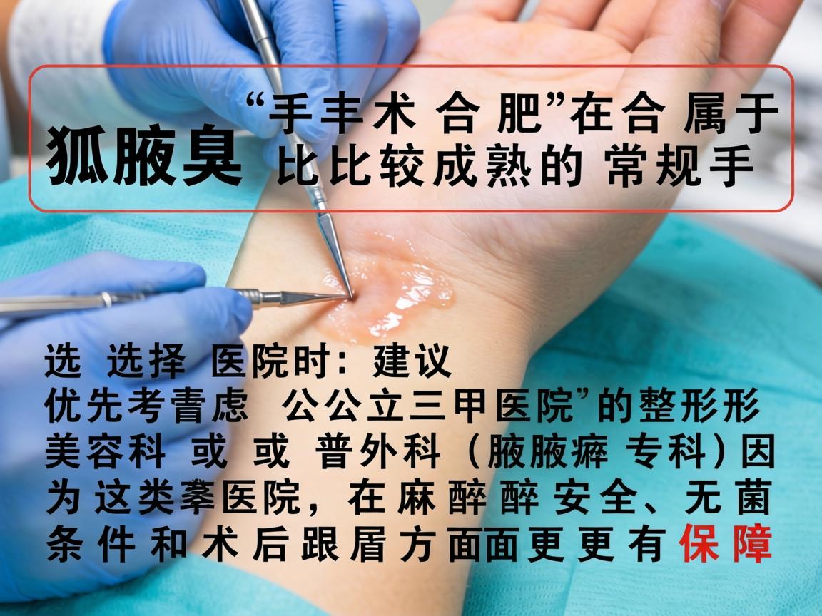 狐臭（腋臭）手术在合肥属于比较成熟的常规手术。选择医院时，建议优先考虑公立三甲医院的整形美容科或普外科（腋臭专科）因为这类医院在麻醉安全、无菌条件和术后跟进方面更有保障