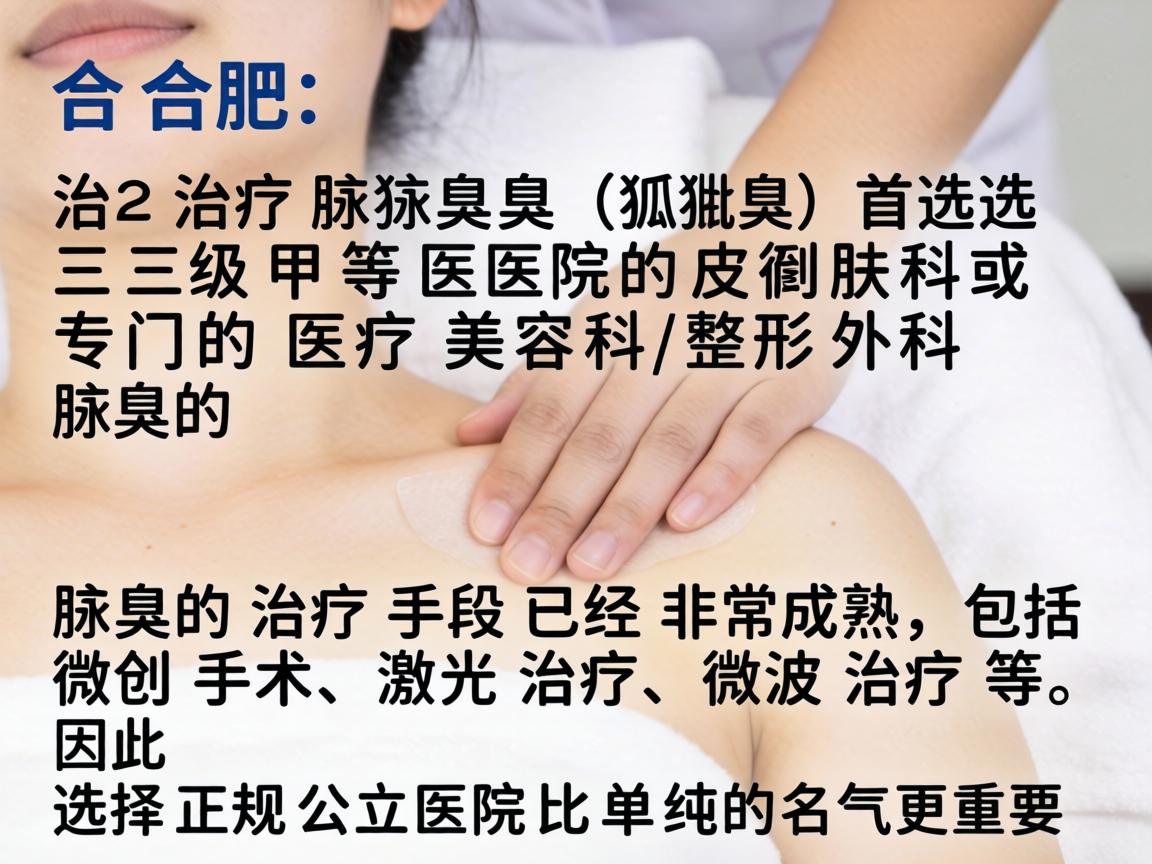 在合肥，治疗腋臭（狐臭）首选三级甲等医院的皮肤科或专门的医疗美容科/整形外科。腋臭的治疗手段已经非常成熟，包括微创手术、激光治疗、微波治疗等，因此选择正规公立医院比单纯的名气更重要