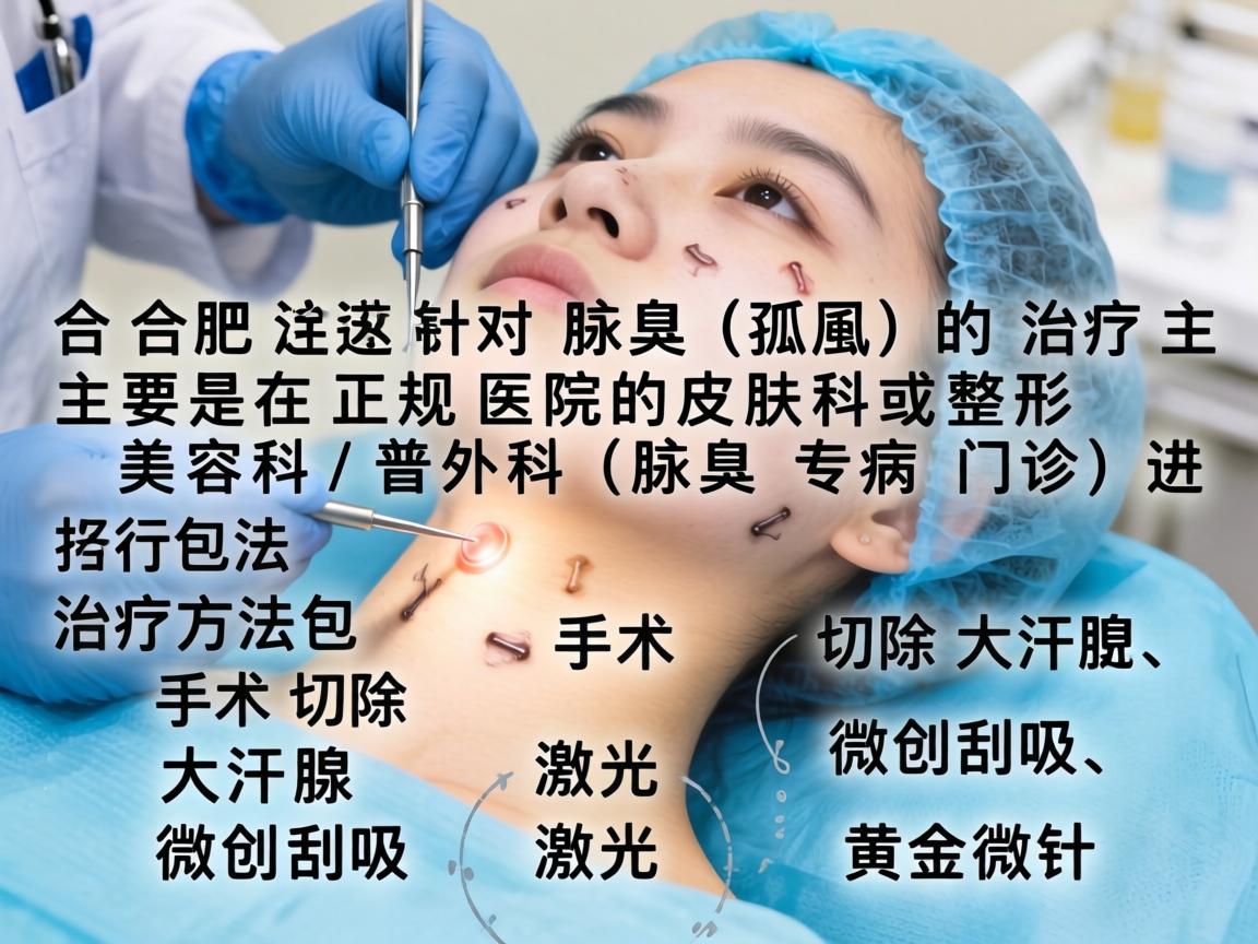在合肥,针对腋臭(狐臭)的治疗,主要是在正规医院的皮肤科或整形美容科/普外科(腋臭专病门诊)进行。治疗方法包括手术切除大汗腺、微创刮吸、激光、黄金微针等 在合肥,针对腋臭(狐臭)的治疗,主要是在正规医院的皮肤科或整形美容科/普外科(腋臭专病门诊)进行。治疗方法包括手术切除大汗腺、微创刮吸、激光、黄金微针等