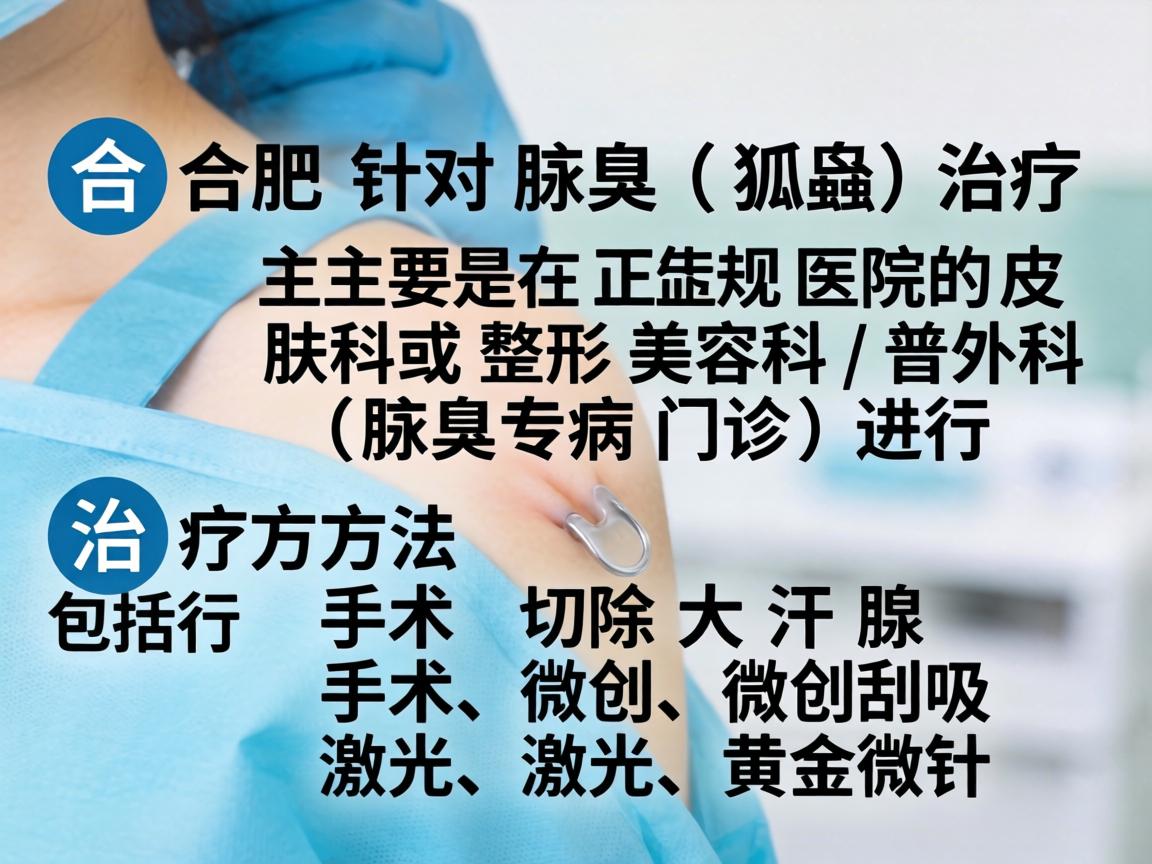 在合肥,针对腋臭(狐臭)的治疗,主要是在正规医院的皮肤科或整形美容科/普外科(腋臭专病门诊)进行。治疗方法包括手术切除大汗腺、微创刮吸、激光、黄金微针等 在合肥,针对腋臭(狐臭)的治疗,主要是在正规医院的皮肤科或整形美容科/普外科(腋臭专病门诊)进行。治疗方法包括手术切除大汗腺、微创刮吸、激光、黄金微针等
