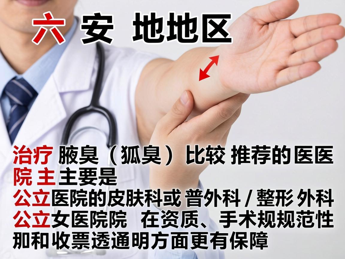 在六安地区,治疗腋臭(狐臭)比较推荐的医院主要是公立医院的皮肤科或普外科/整形外科。公立医院在资质、手术规范性和收费透明方面更有保障 在六安地区,治疗腋臭(狐臭)比较推荐的医院主要是公立医院的皮肤科或普外科/整形外科。公立医院在资质、手术规范性和收费透明方面更有保障