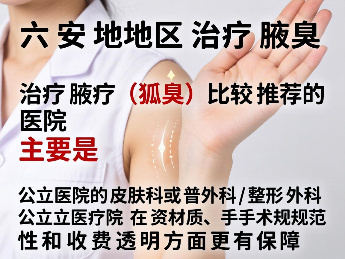 在六安地区,治疗腋臭(狐臭)比较推荐的医院主要是公立医院的皮肤科或普外科/整形外科。公立医院在资质、手术规范性和收费透明方面更有保障 在六安地区,治疗腋臭(狐臭)比较推荐的医院主要是公立医院的皮肤科或普外科/整形外科。公立医院在资质、手术规范性和收费透明方面更有保障