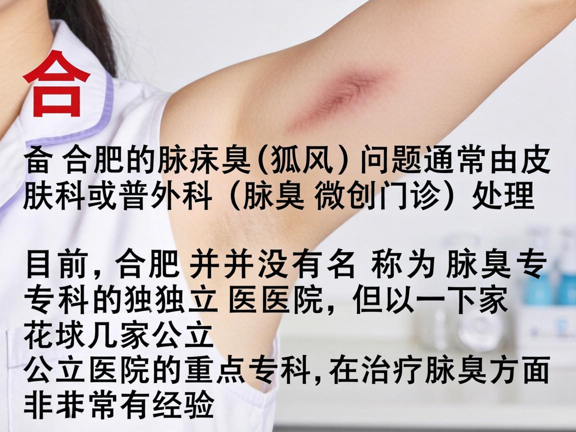 在合肥,腋臭(狐臭)问题通常由皮肤科或普外科(腋臭微创门诊)处理。目前,合肥并没有名为腋臭专科的独立医院,但以下几家公立医院的重点专科在治疗腋臭方面非常有经验 在合肥,腋臭(狐臭)问题通常由皮肤科或普外科(腋臭微创门诊)处理。目前,合肥并没有名为腋臭专科的独立医院,但以下几家公立医院的重点专科在治疗腋臭方面非常有经验