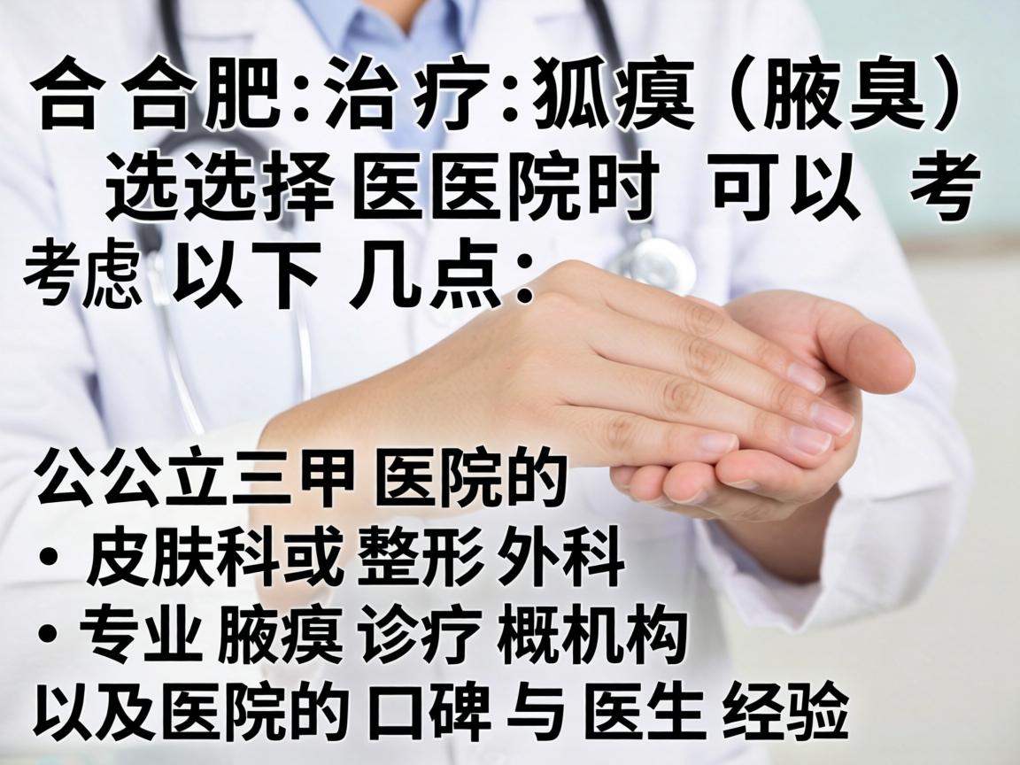 在合肥治疗狐臭(腋臭)选择医院时可以考虑以下几点,公立三甲医院的皮肤科或整形外科、专业腋臭诊疗机构、以及医院的口碑与医生经验 在合肥治疗狐臭(腋臭)选择医院时可以考虑以下几点,公立三甲医院的皮肤科或整形外科、专业腋臭诊疗机构、以及医院的口碑与医生经验