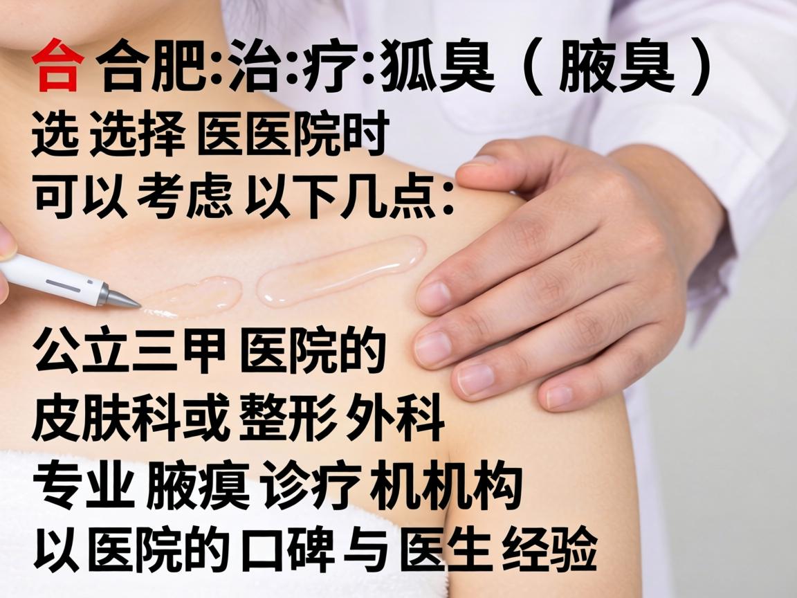 在合肥治疗狐臭(腋臭)选择医院时可以考虑以下几点,公立三甲医院的皮肤科或整形外科、专业腋臭诊疗机构、以及医院的口碑与医生经验 在合肥治疗狐臭(腋臭)选择医院时可以考虑以下几点,公立三甲医院的皮肤科或整形外科、专业腋臭诊疗机构、以及医院的口碑与医生经验