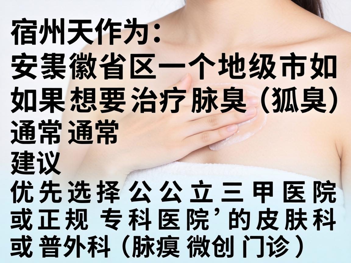 宿州作为安徽省的一个地级市,如果想要治疗腋臭(狐臭)通常建议优先选择公立三甲医院或正规专科医院的皮肤科或普外科(腋臭微创门诊) 宿州作为安徽省的一个地级市,如果想要治疗腋臭(狐臭)通常建议优先选择公立三甲医院或正规专科医院的皮肤科或普外科(腋臭微创门诊)