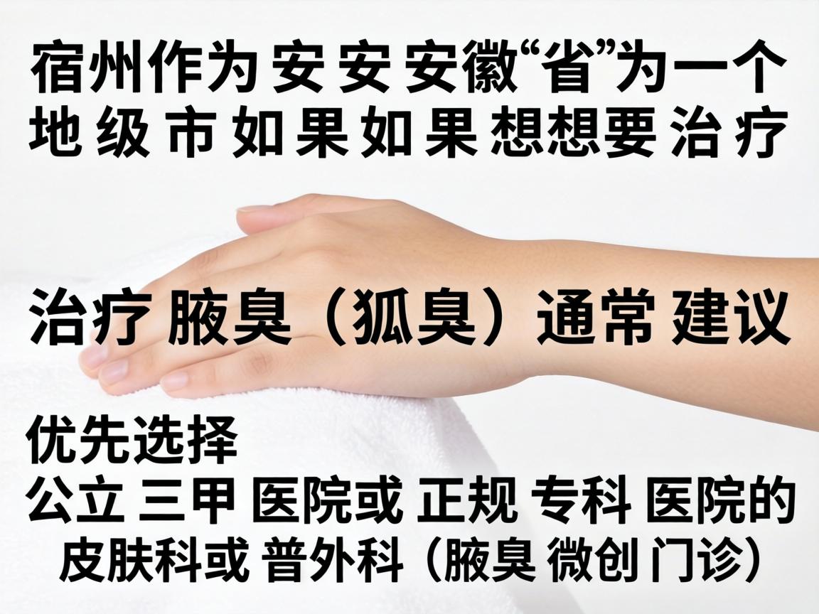 宿州作为安徽省的一个地级市,如果想要治疗腋臭(狐臭)通常建议优先选择公立三甲医院或正规专科医院的皮肤科或普外科(腋臭微创门诊) 宿州作为安徽省的一个地级市,如果想要治疗腋臭(狐臭)通常建议优先选择公立三甲医院或正规专科医院的皮肤科或普外科(腋臭微创门诊)