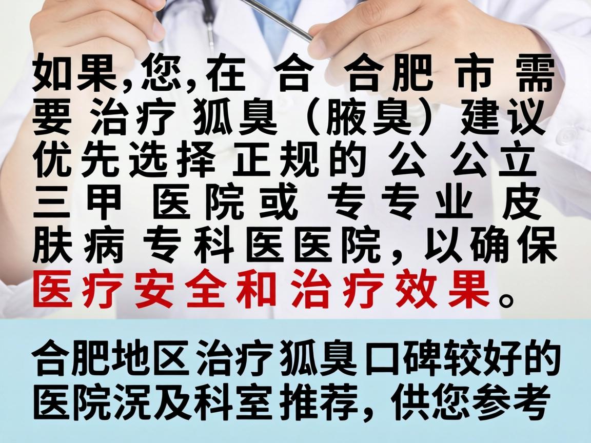 如果您在合肥市需要治疗狐臭（腋臭）建议优先选择正规的公立三甲医院或专业皮肤病专科医院，以确保医疗安全和治疗效果。以下是合肥地区治疗狐臭口碑较好的医院及科室推荐，供您参考