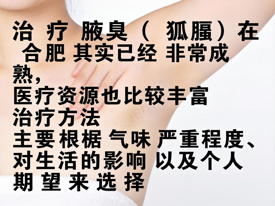 治疗腋臭(狐臭)在合肥其实已经非常成熟,医疗资源也比较丰富。治疗方法主要根据气味严重程度、对生活的影响以及个人期望来选择 治疗腋臭(狐臭)在合肥其实已经非常成熟,医疗资源也比较丰富。治疗方法主要根据气味严重程度、对生活的影响以及个人期望来选择