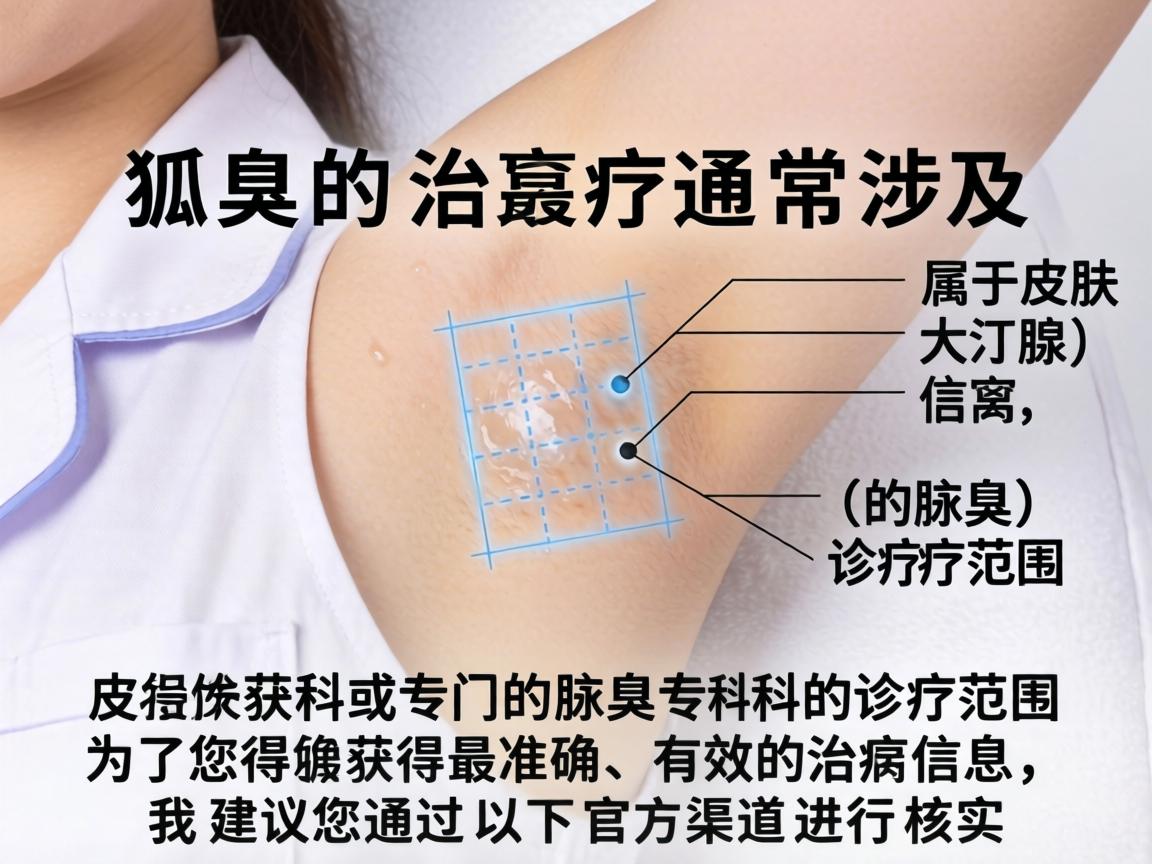 狐臭的治疗通常涉及腋窝部位的大汗腺,属于皮肤科或专门的腋臭专科的诊疗范围。为了确保您获得最准确、有效的治疗信息,我建议您通过以下官方渠道进行核实 狐臭的治疗通常涉及腋窝部位的大汗腺,属于皮肤科或专门的腋臭专科的诊疗范围。为了确保您获得最准确、有效的治疗信息,我建议您通过以下官方渠道进行核实