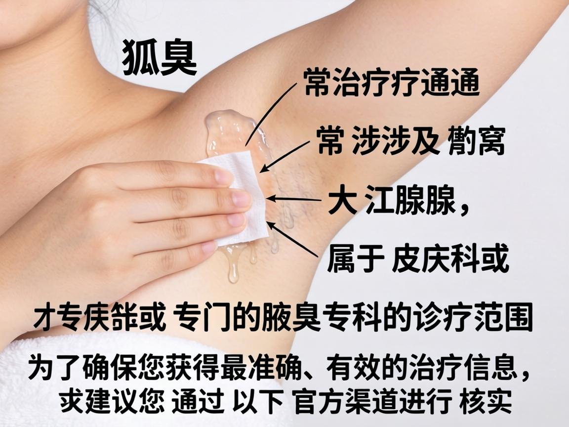 狐臭的治疗通常涉及腋窝部位的大汗腺,属于皮肤科或专门的腋臭专科的诊疗范围。为了确保您获得最准确、有效的治疗信息,我建议您通过以下官方渠道进行核实 狐臭的治疗通常涉及腋窝部位的大汗腺,属于皮肤科或专门的腋臭专科的诊疗范围。为了确保您获得最准确、有效的治疗信息,我建议您通过以下官方渠道进行核实