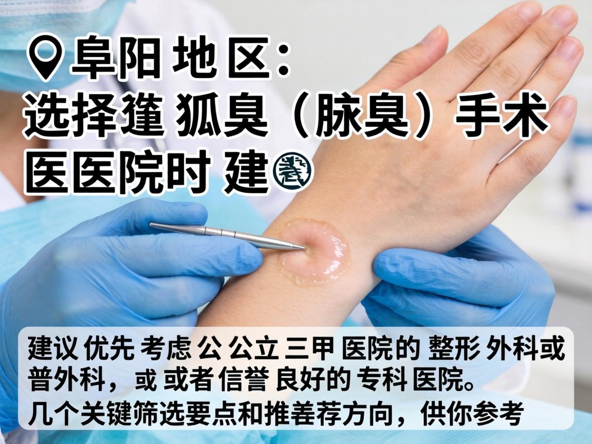 在阜阳地区，选择狐臭（腋臭）手术医院时，建议优先考虑公立三甲医院的整形外科或普外科，或者信誉良好的专科医院。以下是几个关键筛选要点和推荐方向，供你参考