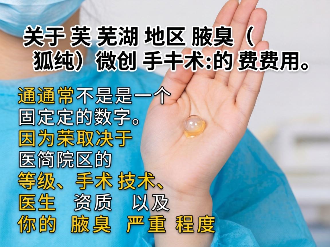 关于芜湖地区腋臭(狐臭)微创手术的费用,通常不是一个固定的数字,因为它取决于医院的等级、手术技术、医生资质以及你的腋臭严重程度 关于芜湖地区腋臭(狐臭)微创手术的费用,通常不是一个固定的数字,因为它取决于医院的等级、手术技术、医生资质以及你的腋臭严重程度