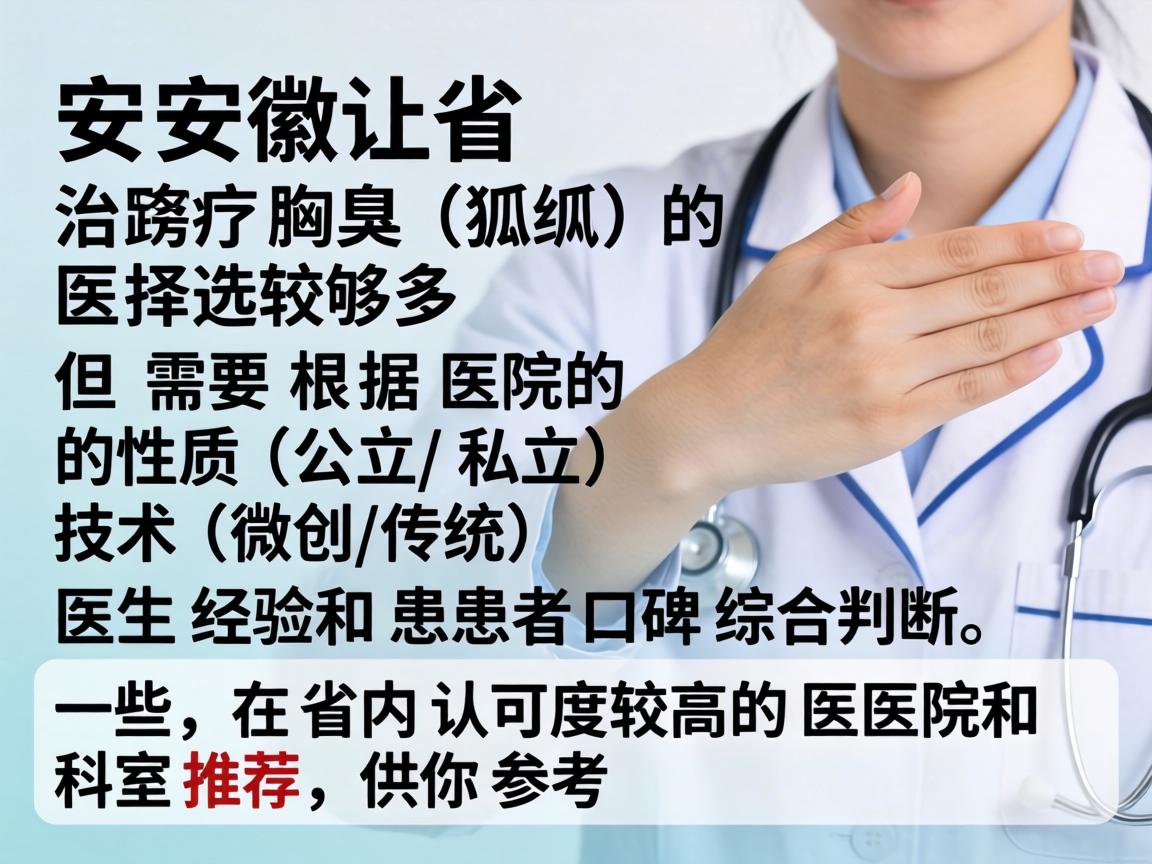 在安徽省,治疗腋臭(狐臭)的医院选择较多,但需要根据医院的性质(公立/私立)技术(微创/传统)医生经验和患者口碑综合判断。以下是一些在省内认可度较高的医院和科室推荐,供你参考 在安徽省,治疗腋臭(狐臭)的医院选择较多,但需要根据医院的性质(公立/私立)技术(微创/传统)医生经验和患者口碑综合判断。以下是一些在省内认可度较高的医院和科室推荐,供你参考