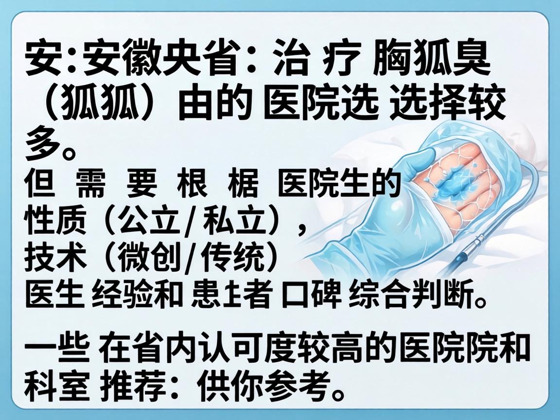 在安徽省,治疗腋臭(狐臭)的医院选择较多,但需要根据医院的性质(公立/私立)技术(微创/传统)医生经验和患者口碑综合判断。以下是一些在省内认可度较高的医院和科室推荐,供你参考 在安徽省,治疗腋臭(狐臭)的医院选择较多,但需要根据医院的性质(公立/私立)技术(微创/传统)医生经验和患者口碑综合判断。以下是一些在省内认可度较高的医院和科室推荐,供你参考