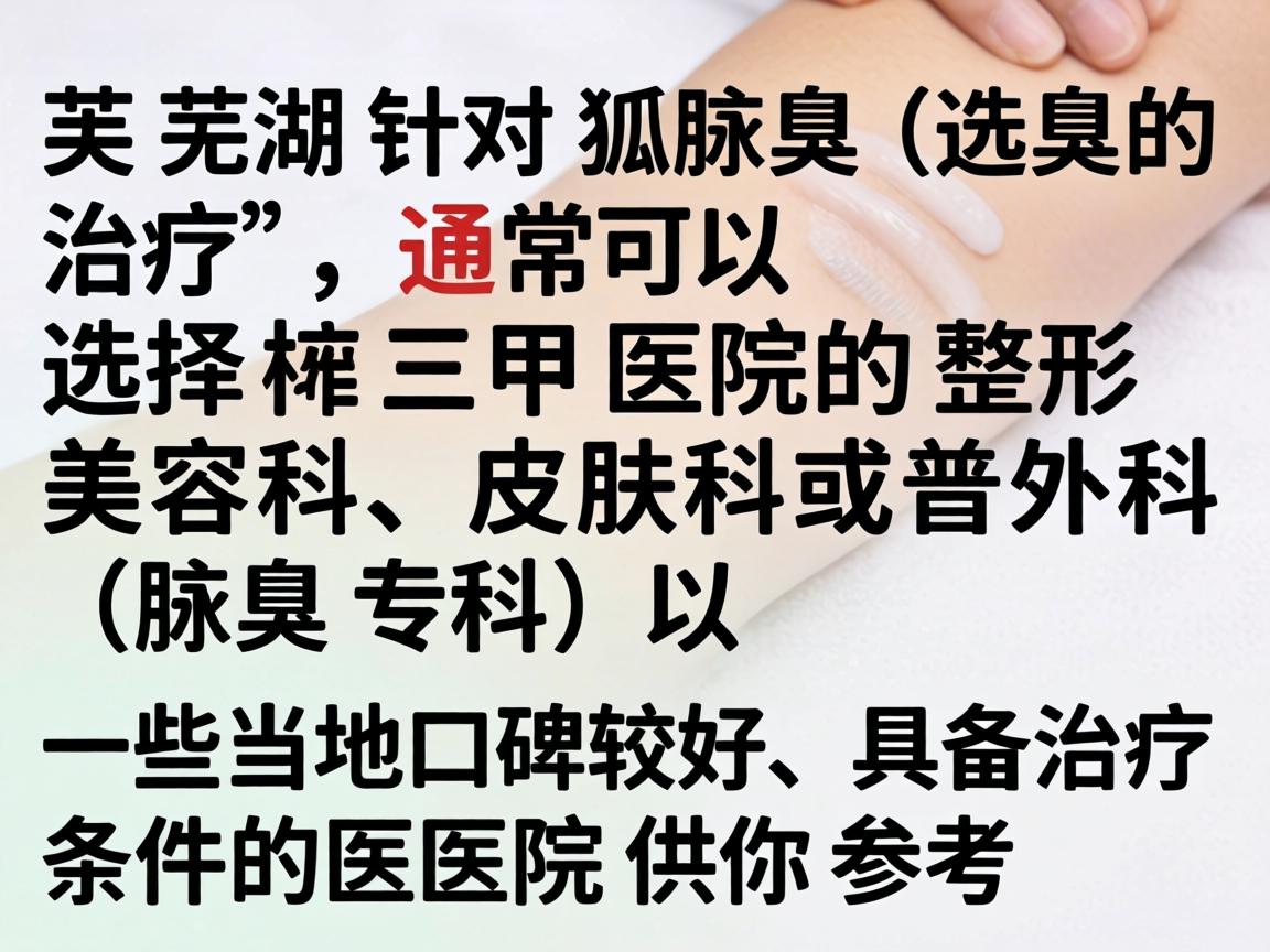 在芜湖,针对狐臭(腋臭)的治疗,通常可以选择三甲医院的整形美容科、皮肤科或普外科(腋臭专科)以下是一些当地口碑较好、具备治疗条件的医院供你参考 在芜湖,针对狐臭(腋臭)的治疗,通常可以选择三甲医院的整形美容科、皮肤科或普外科(腋臭专科)以下是一些当地口碑较好、具备治疗条件的医院供你参考