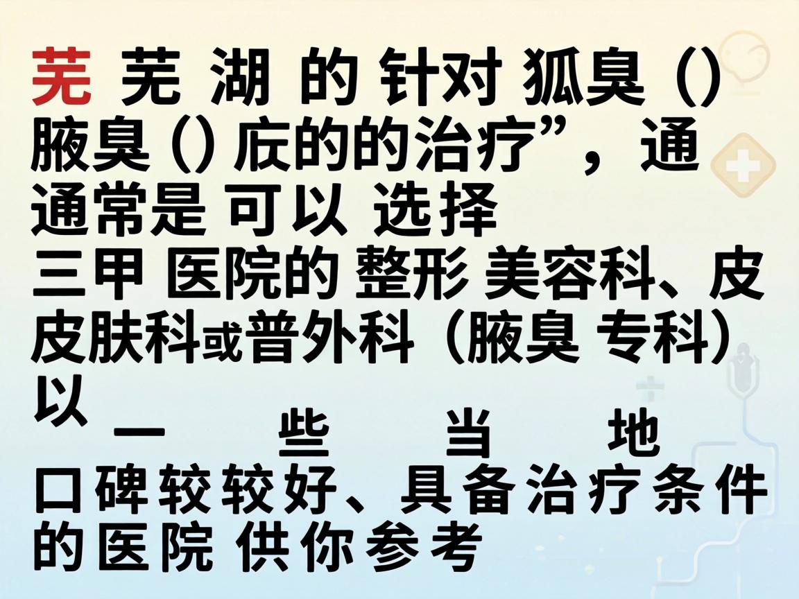 在芜湖,针对狐臭(腋臭)的治疗,通常可以选择三甲医院的整形美容科、皮肤科或普外科(腋臭专科)以下是一些当地口碑较好、具备治疗条件的医院供你参考 在芜湖,针对狐臭(腋臭)的治疗,通常可以选择三甲医院的整形美容科、皮肤科或普外科(腋臭专科)以下是一些当地口碑较好、具备治疗条件的医院供你参考