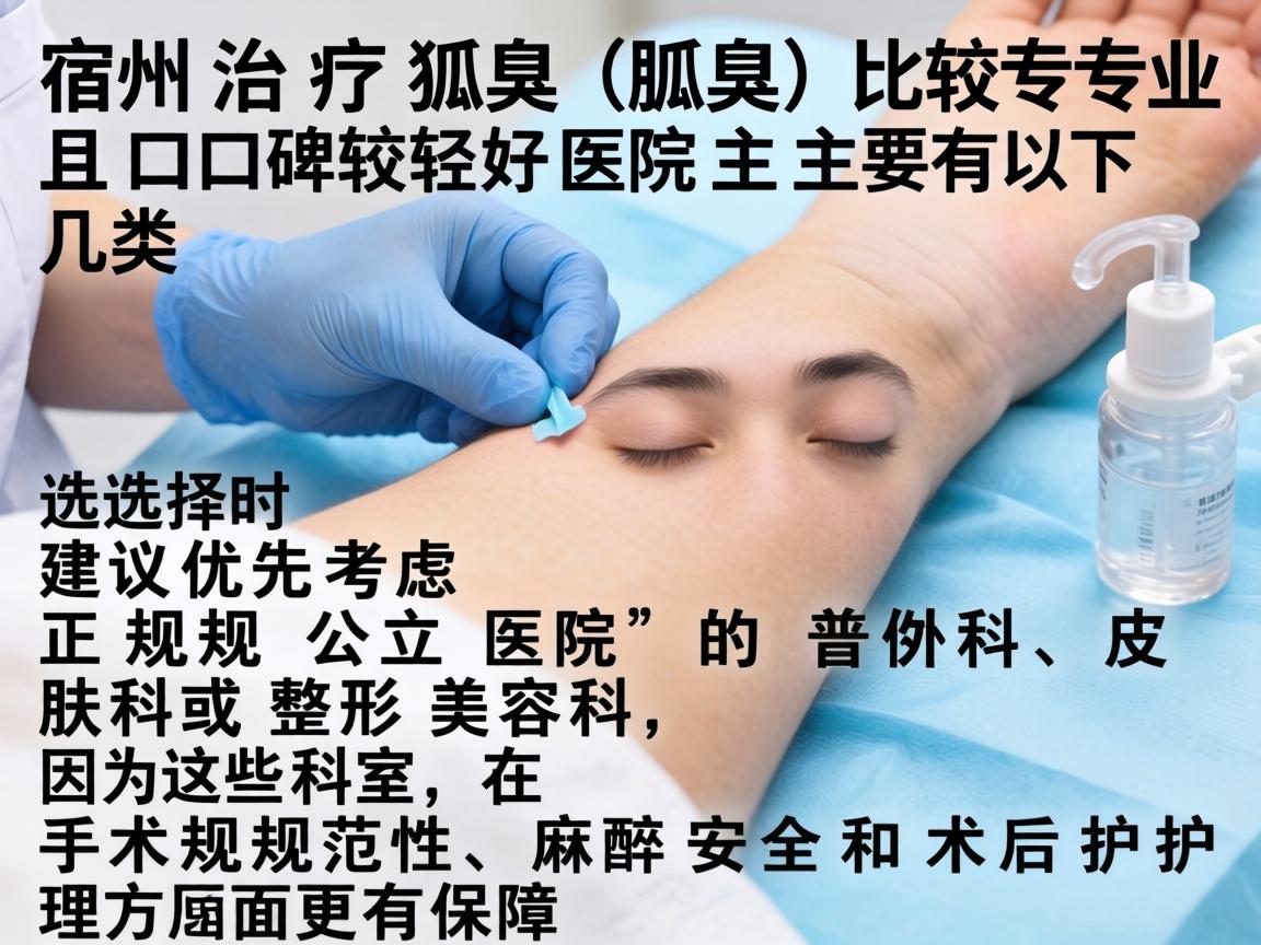 在宿州,治疗狐臭(腋臭)比较专业且口碑较好的医院主要有以下几类。选择时建议优先考虑正规公立医院的普外科、皮肤科或整形美容科,因为这些科室在手术规范性、麻醉安全和术后护理方面更有保障 在宿州,治疗狐臭(腋臭)比较专业且口碑较好的医院主要有以下几类。选择时建议优先考虑正规公立医院的普外科、皮肤科或整形美容科,因为这些科室在手术规范性、麻醉安全和术后护理方面更有保障