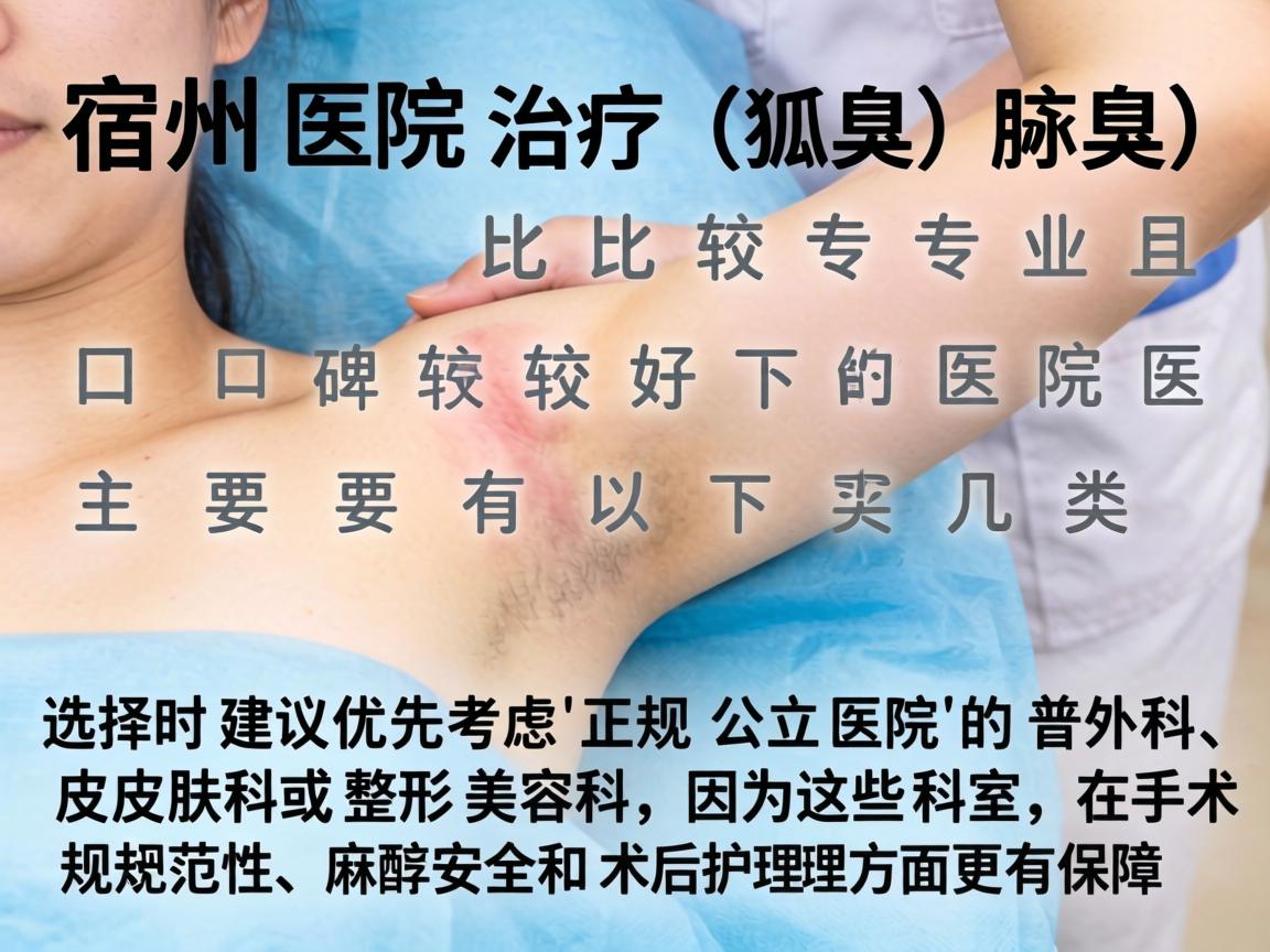 在宿州,治疗狐臭(腋臭)比较专业且口碑较好的医院主要有以下几类。选择时建议优先考虑正规公立医院的普外科、皮肤科或整形美容科,因为这些科室在手术规范性、麻醉安全和术后护理方面更有保障 在宿州,治疗狐臭(腋臭)比较专业且口碑较好的医院主要有以下几类。选择时建议优先考虑正规公立医院的普外科、皮肤科或整形美容科,因为这些科室在手术规范性、麻醉安全和术后护理方面更有保障