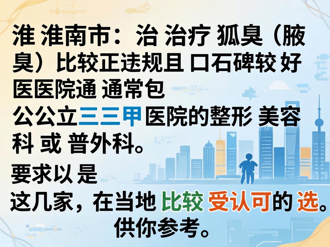 在淮南市,治疗狐臭(腋臭)比较正规且口碑较好的医院通常包括公立三甲医院的整形美容科或普外科。以下是几家在当地比较受认可的选择,供你参考 在淮南市,治疗狐臭(腋臭)比较正规且口碑较好的医院通常包括公立三甲医院的整形美容科或普外科。以下是几家在当地比较受认可的选择,供你参考
