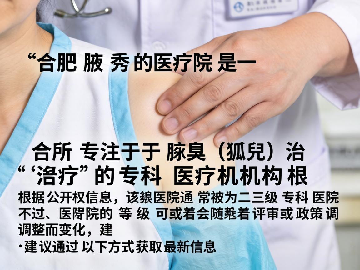 合肥腋秀医院是一所专注于腋臭(狐臭)治疗的专科医疗机构。根据公开信息,该医院通常被归类为二级专科医院。不过,医院的等级可能会随着评审或政策调整而变化,建议通过以下方式获取最新信息 合肥腋秀医院是一所专注于腋臭(狐臭)治疗的专科医疗机构。根据公开信息,该医院通常被归类为二级专科医院。不过,医院的等级可能会随着评审或政策调整而变化,建议通过以下方式获取最新信息