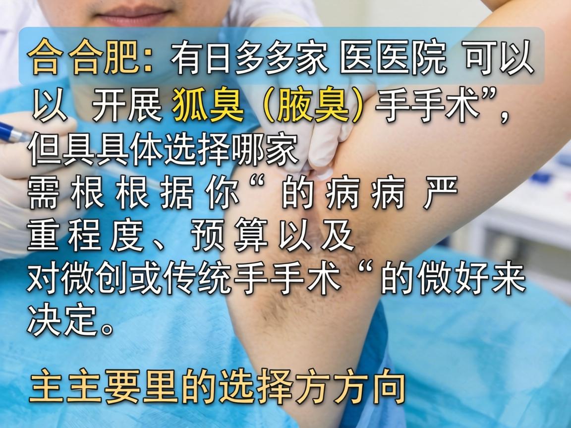 在合肥,有多家医院可以开展狐臭(腋臭)手术,但具体选择哪家需根据你的病情严重程度、预算以及对微创或传统手术的偏好来决定。以下是主要的选择方向 在合肥,有多家医院可以开展狐臭(腋臭)手术,但具体选择哪家需根据你的病情严重程度、预算以及对微创或传统手术的偏好来决定。以下是主要的选择方向
