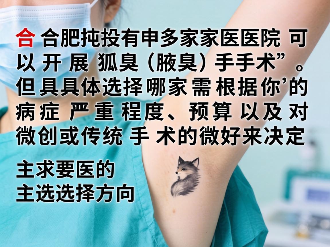在合肥,有多家医院可以开展狐臭(腋臭)手术,但具体选择哪家需根据你的病情严重程度、预算以及对微创或传统手术的偏好来决定。以下是主要的选择方向 在合肥,有多家医院可以开展狐臭(腋臭)手术,但具体选择哪家需根据你的病情严重程度、预算以及对微创或传统手术的偏好来决定。以下是主要的选择方向